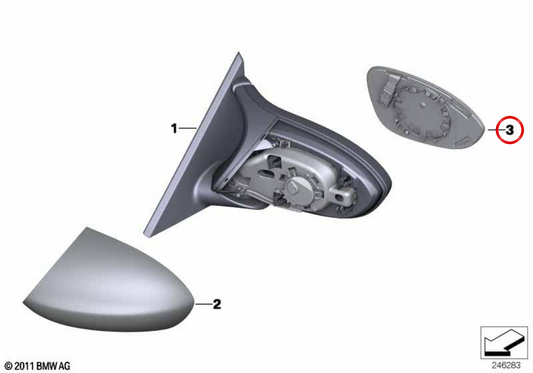 Cristal de espejo retrovisor izquierdo con anti vaho y gran angular OEM 51168046499 para BMW E81, E82, E88, E90, E92, E93. Original BMW.