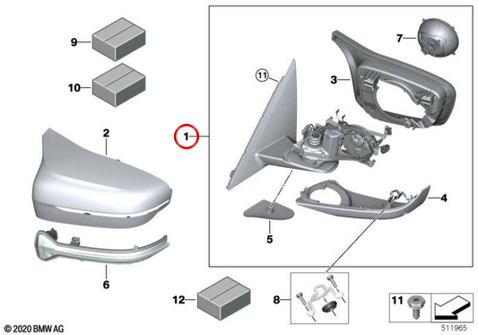 Retavisor M Mirror Loing (sans verre, chauffé) OEM 51168071170 pour BMW F90. BMW d'origine.
