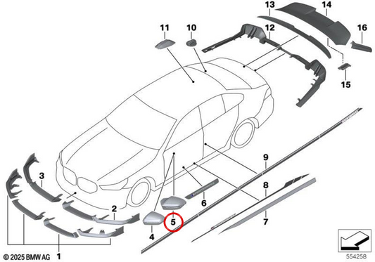 Cubierta del retrovisor exterior izquierdo OEM 51168083557 para BMW 5' G60, G68, G90, G61, G99, 7' G70, X3 G45, X3L G48. Original BMW.