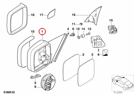 Électricité et chauffage du rétroviseur droit OEM 51168144404 pour BMW E36. BMW d'origine.