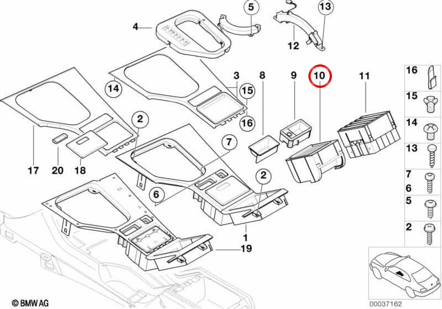 Black Central Console Passol 51168159698 per BMW 5 E39 520d Series, 520i, 523i, 525i, 528i, 530d, 530i, 535i, 540i ... e altri. BMW originale.