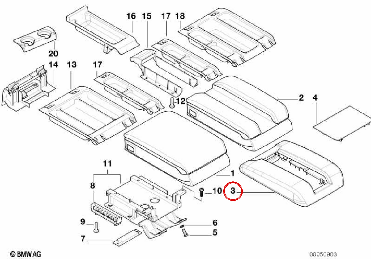 Reposabrazos central OEM 51168215762 para BMW E38. Original BMW.