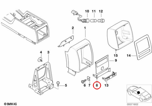Cubierta consola central trasera OEM 51168235534 para BMW E38. Original BMW.