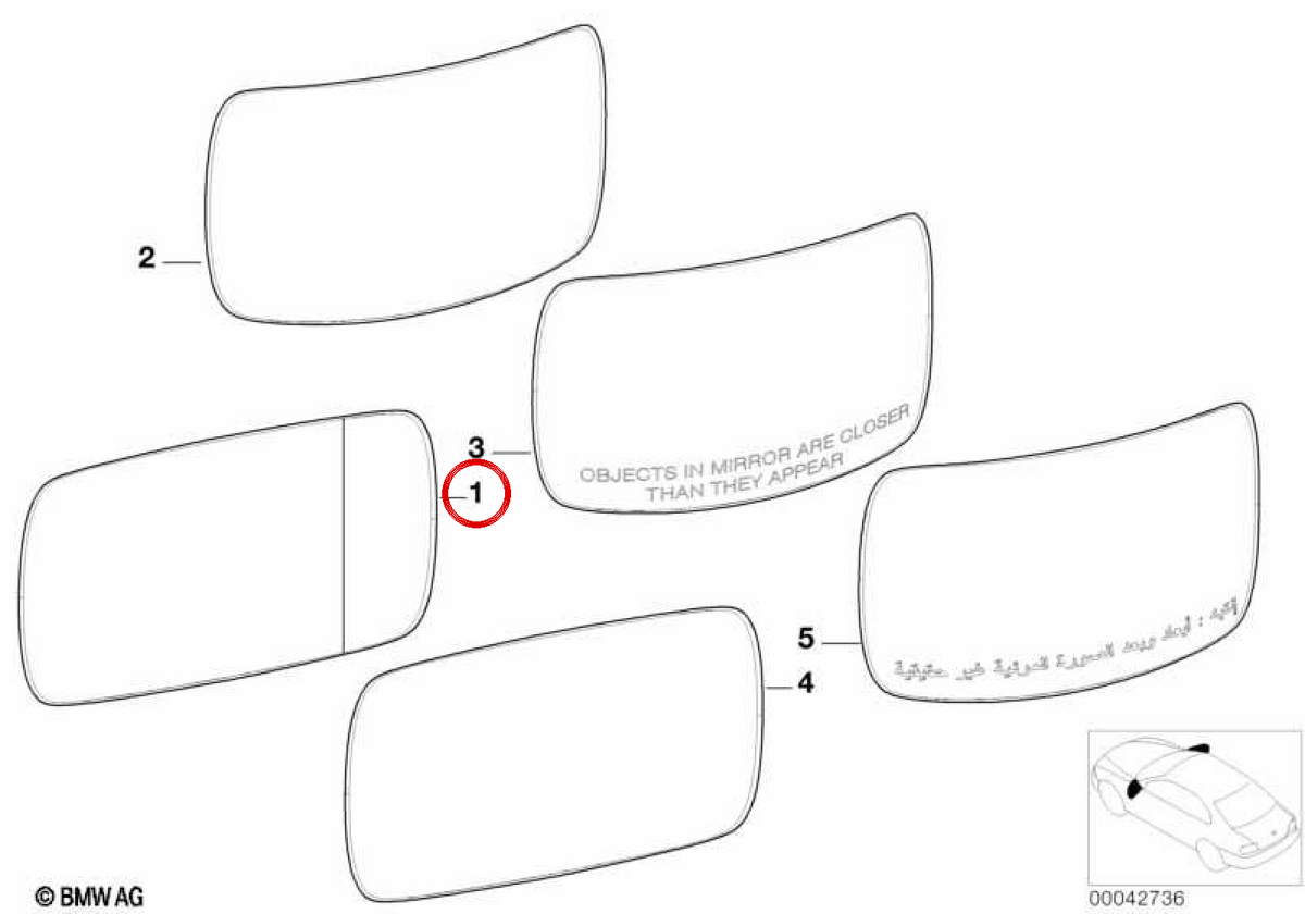 Vidro do espelho retrovisor grande angular esquerdo OEM 51168247129 para BMW E46. BMW genuíno.