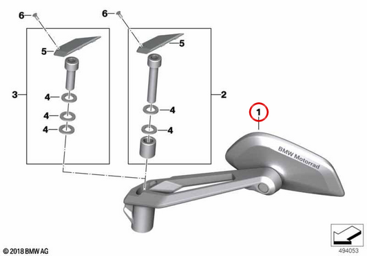 Specchietto retrovisore destro OEM 51168406498 per moto BMW R1250GS, R1250GS Adventure, R1250R. BMW Motorrad originale.