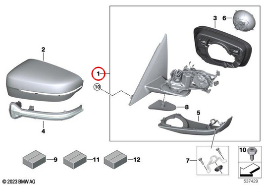 Right rearview mirror heated with memory and bus OEM 51168495650 for BMW G32. Original BMW.