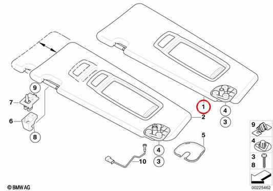 Pala solar com luz de cortesia esquerda OEM 51169113735 para BMW E70, E71, E72. BMW genuíno.