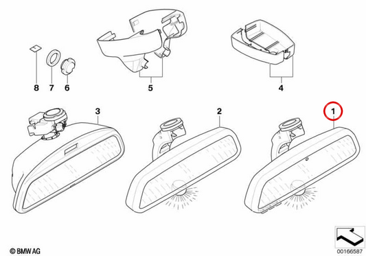 Rétroviseur intérieur avec fonctions EC / LED / GTO / FLA / TLC / FUNK OEM 51169159102 pour BMW E63, E64. BMW d'origine.