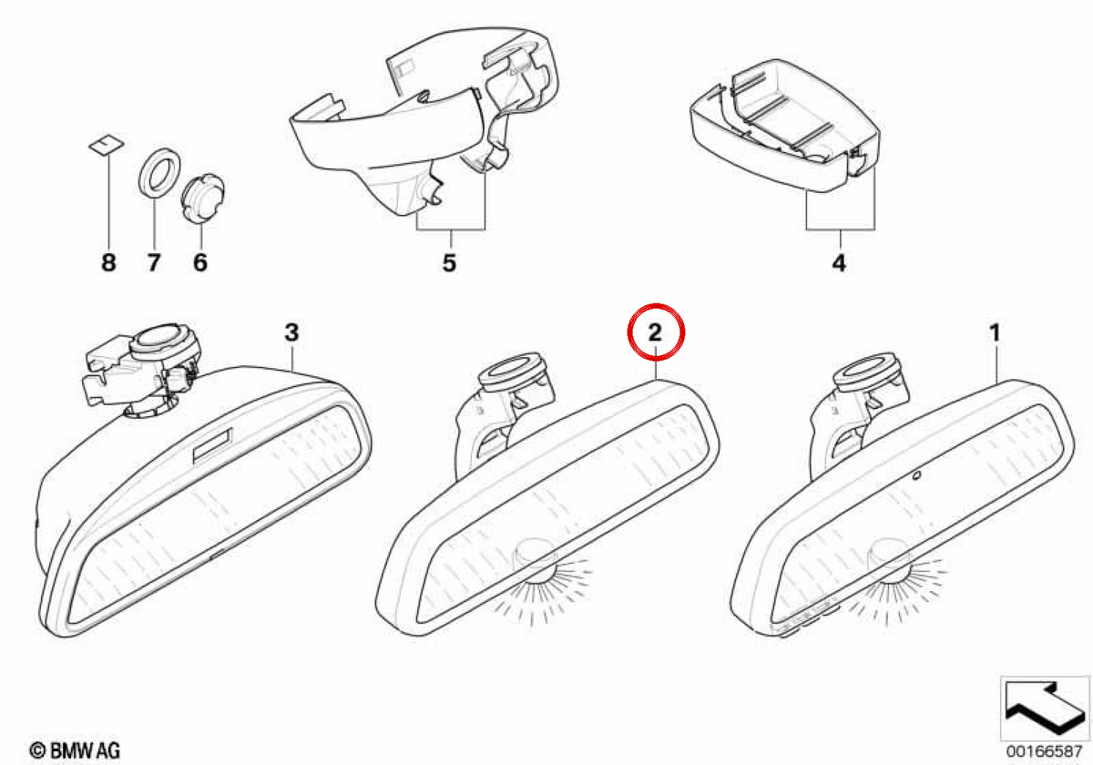 Interior rearview mirror with self -election, LED and wireless function OEM 51169174308 for BMW E93, E63, E64. Original BMW.