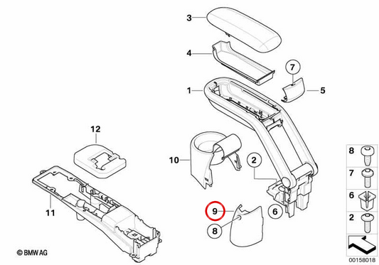 Right center armrest cover OEM 51169185112 for MINI R56, R56 LCI, Clubman R55, Coupe R58, Roadster R59. Color Carbon Black. Original MINI.