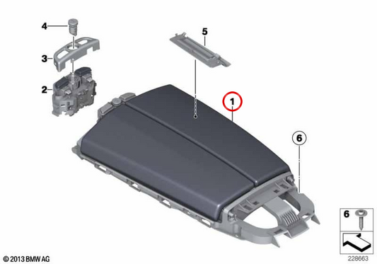 Apoio de braço de couro central dianteiro OEM 51169241723 para BMW F06, F12, F13. BMW genuíno.
