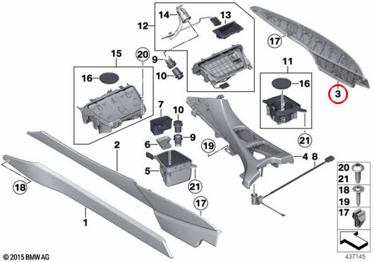 Moulage droit de la console centrale OEM 51169241730 pour BMW F06, F12, F13. BMW d'origine.