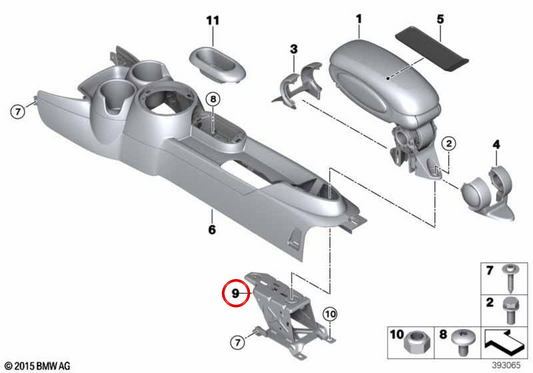 Staffa di supporto del bracciolo centrale OEM 51169266367 per MINI F56, F55, F57, F56 BEV, F56 LCI, F55 LCI, F57 BEV, F57 LCI. MINI originale.