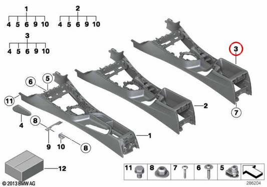 Supporto centrale con console OEM 51169270554 per BMW F20, F21, F22, F23, F87. BMW originale.