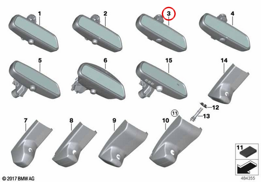 Om 5116927426666 Specchio regovisor interno per BMW F30, F31, F34, F80, F32, F33, F36, F82, F83, F07, F10, F11, F18, F18, F06, F12, F13, F01, F02, F25, F26, F15, F15, F85 BMW originale.