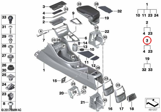 Couvercle de boîte de rangement de console centrale avant OEM 51169274293 pour BMW Série 2 Active Tourer F45 (214d, 216d, 216i, 218d, 218i). Véritable BMW.