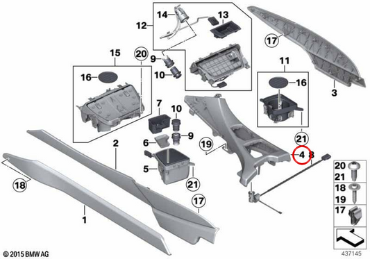 Moldura de cuero para consola central OEM 51169278754 para BMW F06, F12, F13. Original BMW.