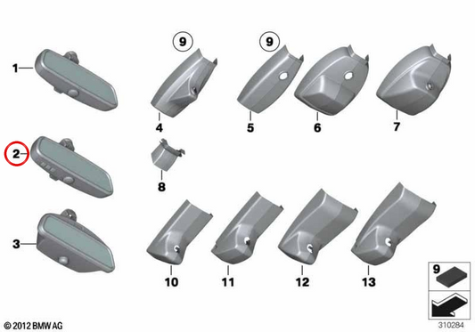 Innenrückspiegel mit automatischer Einstellung (EC), LED -Licht und GTO -Funktion 51169320305 für BMW F07, F10, F06, F12, F13, F01, F02, F25, F26, F15, F85, F16, F86. Original BMW.
