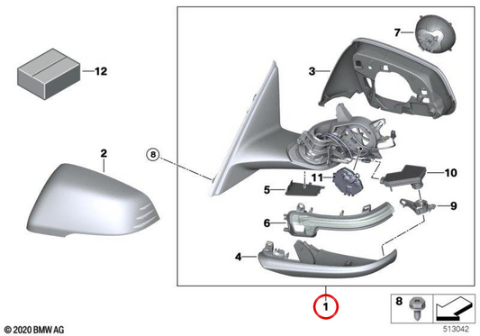 Erwärmen linker Außenspiegel mit OEM -Speicher 51169448505 für BMW F40. Original BMW.