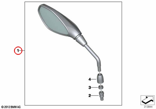 Left rearview mirror OEM 51169457555 for BMW F900R, F900XR motorcycles. Original BMW Motorrad.