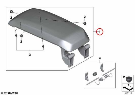 Reposabrazos Miko con costura en contraste gris OEM 51169460086 para BMW F40, F44. Original BMW.