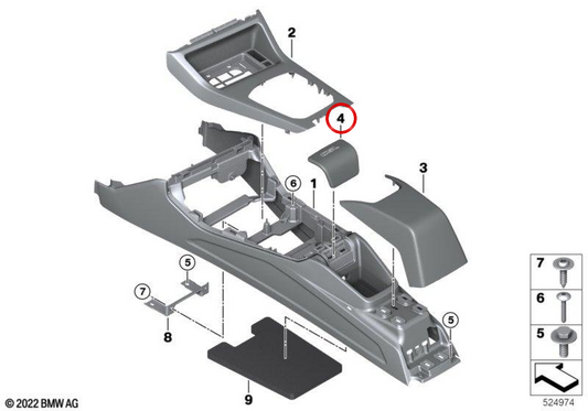 Apoio de braço central OEM 51169504998 para BMW G80, G82. BMW genuíno.