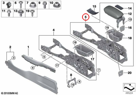 Console centrale avec accoudoir OEM 51169871627 pour MINI Clubman F54, F54 LCI. Couleur noire. MINI d'origine.