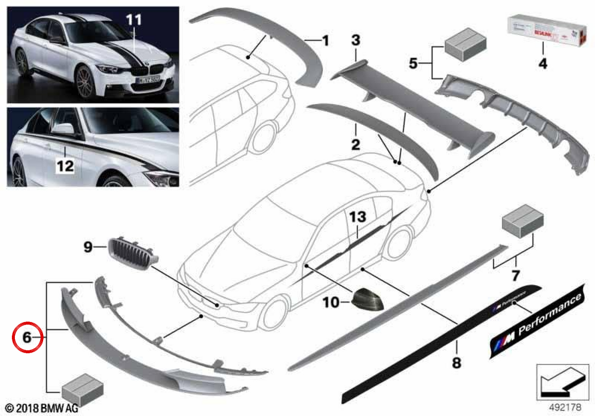 Matte black front supplement M Performance OEM 51192291364 for BMW F30, F30 LCI, F31, F31 LCI. Genuine BMW.