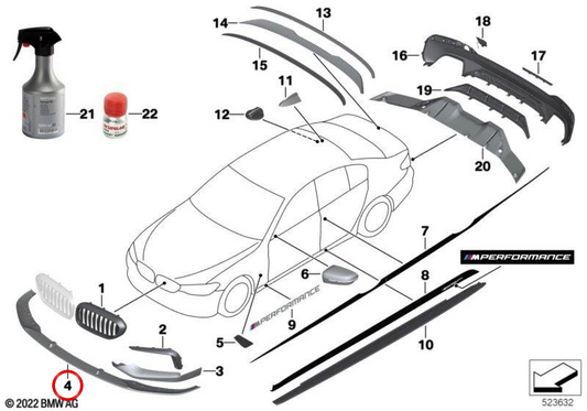 Spoiler dianteiro M Performance OEM 51192414139 para BMW G30 e G31. BMW genuíno.