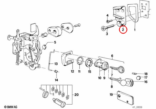 Trava da porta direita OEM 51211852264 para BMW E21, E12, E24, E23. BMW genuíno.