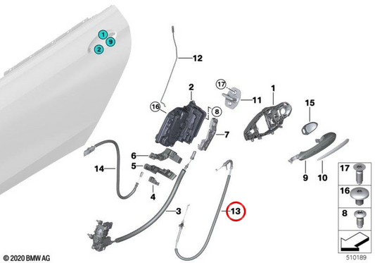 Câble Bowden pour la poignée extérieure OEM de porte arrière 51215A077A4 pour BMW G32. BMW d'origine.