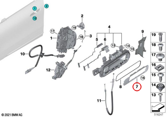 Tampa da maçaneta externa da porta esquerda (preparada) OEM 51215A33F77 para BMW G30, G31, G38. BMW genuíno.