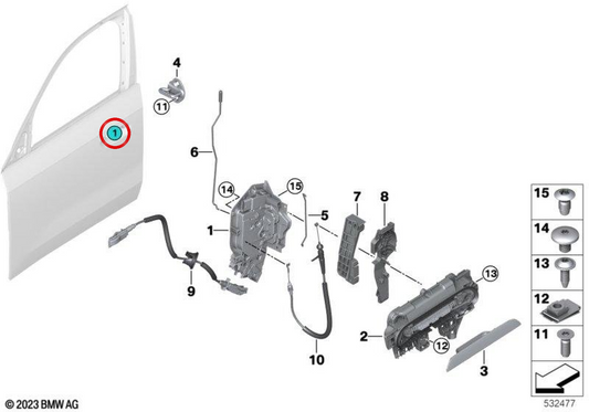 Cerradura de puerta izquierda OEM 51215A3C181 para BMW G68, U12, J05, J01. Original BMW.