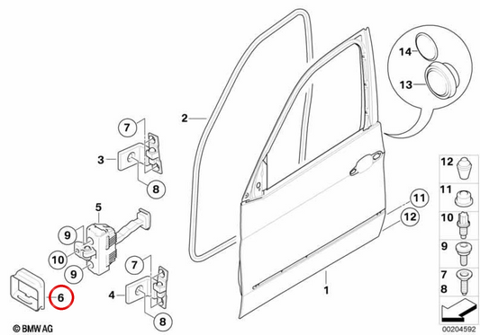 Junta de tope de puerta OEM 51217141025 para BMW X5 (E70, E70N) y BMW X6 (E71, E72). Original BMW.