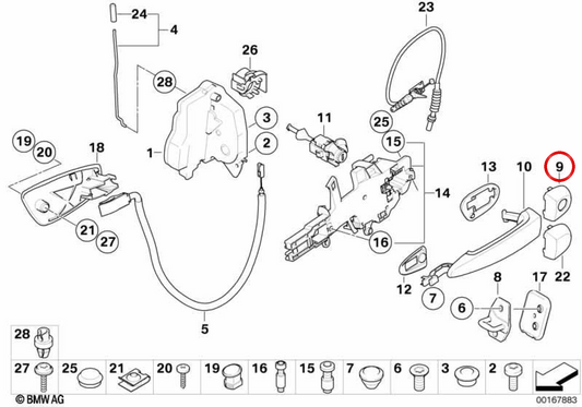 Stampa di serratura della porta destra OEM 51217162440 per BMW F20, F21, F22, F23, F87, E90, E91, E92, E93, F30, F31, F34, F80, F32, F33, F36, F82, F83, E84, F25, F25, F25, F26, E70, E71. BMW originale.