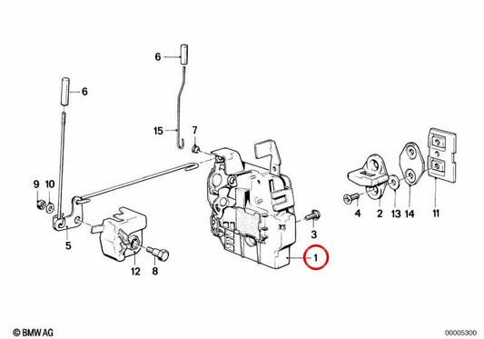 Cerradura de puerta derecha con soporte para actuador OEM 51218103470 para BMW E30. Original BMW.