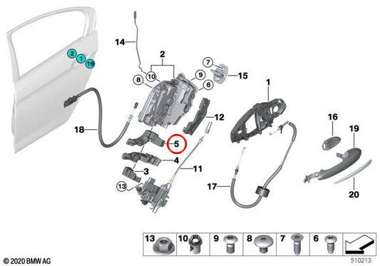 Junta de trava direita OEM 51218499052 para BMW G31, G32, G05, F95, G06, F96, G07. BMW genuíno.