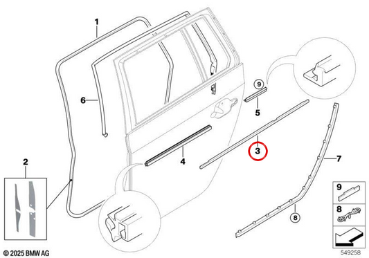 Cubierta exterior del marco de la puerta trasera izquierda OEM 51227115421 para BMW E61. Original BMW.