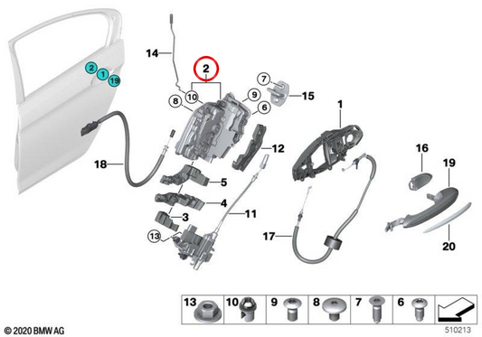 Chiusura centralizzata Porta posteriore destra 51227281958 per BMW F90, G30, G11, G12, F15, F85, F16, F86. BMW originale.