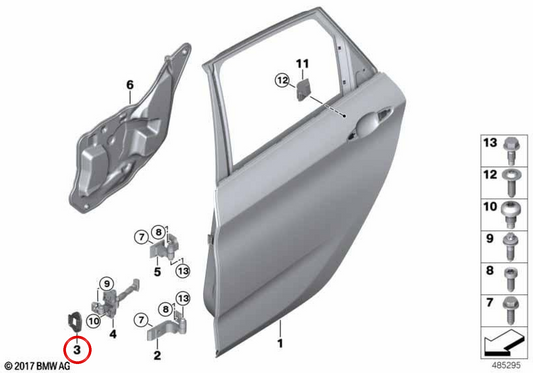 Scheda di fermo posteriore destro OEM 51227297258 per BMW F45, F46, F60. BMW originale.