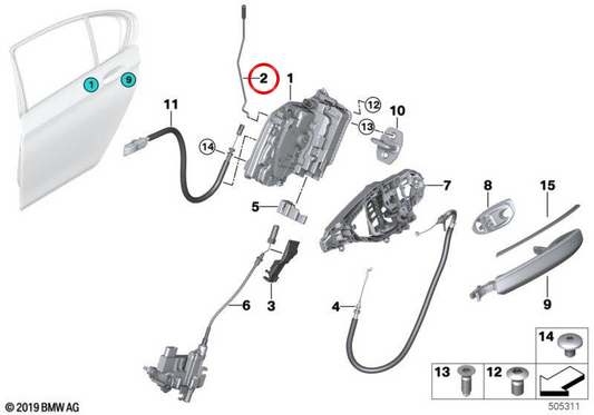 Haste do atuador da porta traseira esquerda OEM 51227381543 para BMW G11, G12. BMW genuíno.