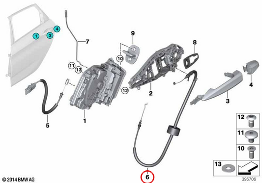 Fechadura da porta traseira com cabo Bowden OEM 51227420399 para BMW F39. BMW genuíno.