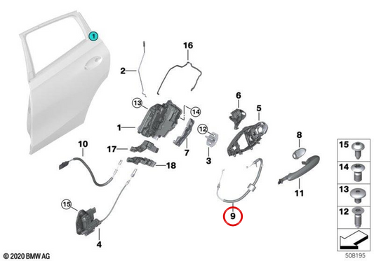 Cabo da maçaneta externa da porta traseira OEM 51227474621 para BMW G06, F96. BMW genuíno.