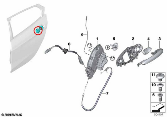 Blocco della porta posteriore sinistra OEM 51227956151 per BMW F40, F44, G20, G28. BMW originale.