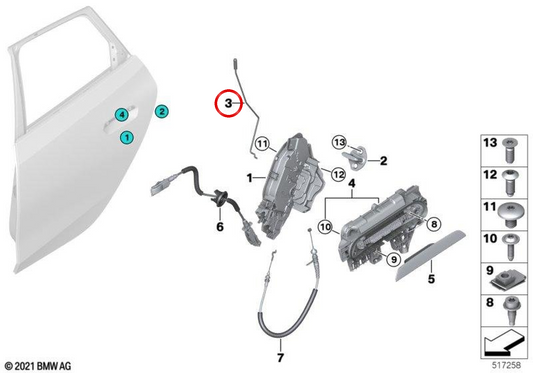 Varilla de apertura puerta trasera derecha OEM 51228498570 para BMW Serie 2 U06 (216i, 218i, 218d, 220d) todos los modelos compatibles. Original BMW.