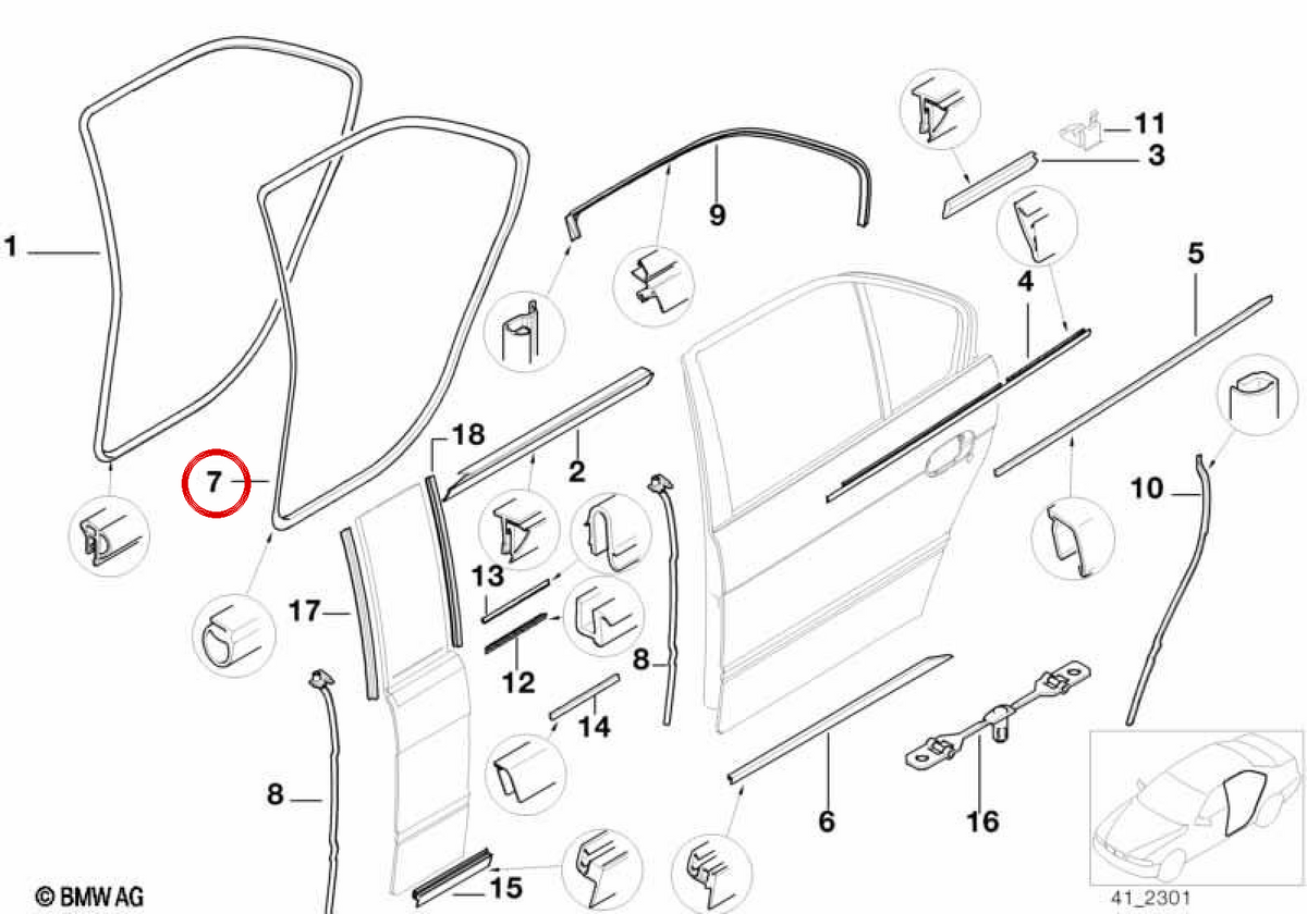 Sellado de puerta trasera OEM 51229068999 para BMW E38. Original BMW.