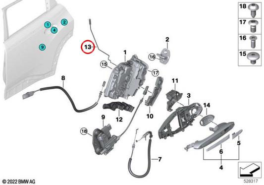 Haste de abertura da porta traseira direita OEM 51229853736 para BMW X5 G09. Peça original BMW.