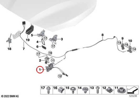 Cerradura del capó con microswitch izquierdo OEM 51237376976 para BMW F45, F46. Original BMW.