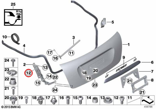 Tornillo de fijación del capó trasero OEM 51242757957 para MINI Cabrio R57, R57 LCI, F57, F57 LCI, F57 BEV, F67. Original MINI.