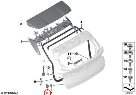 Soporte de tope de portón trasero OEM 51245A25C73 para BMW X3 G45, X3L G48. Original BMW.